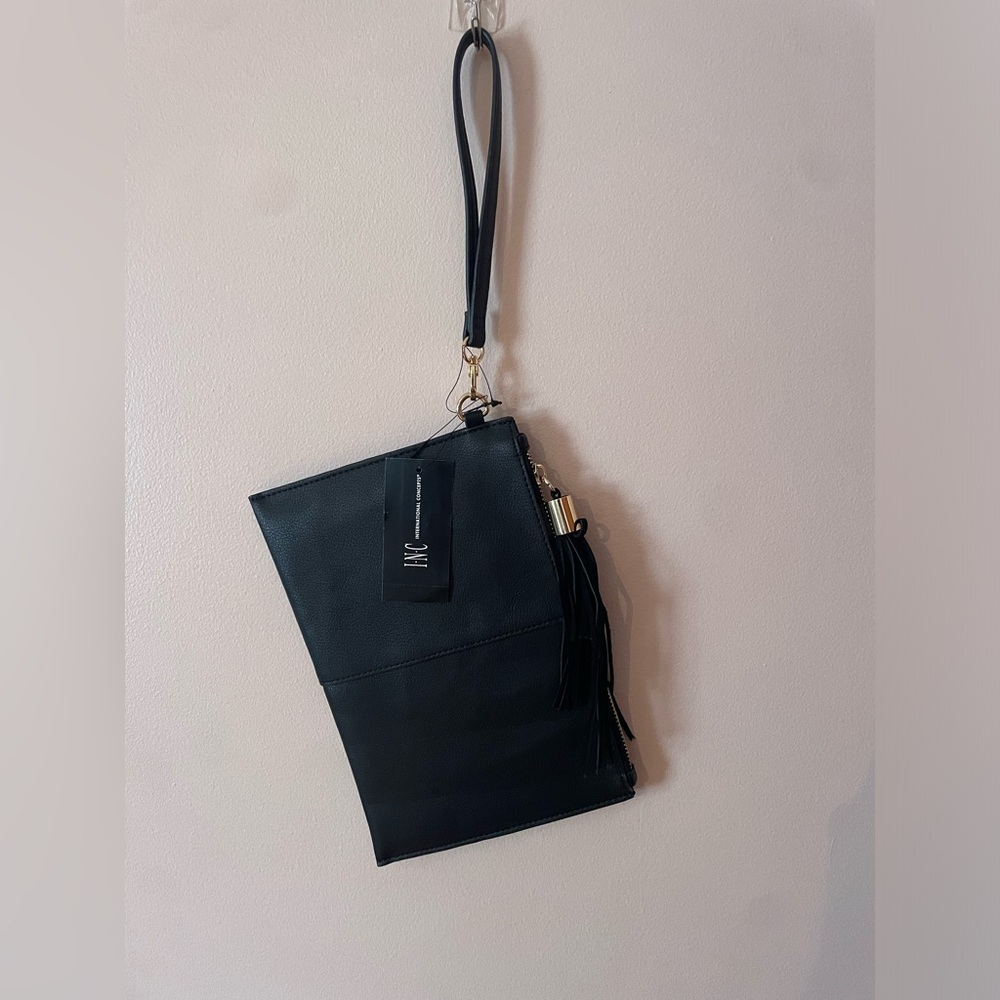 INC Black Leather Wristlet Clutch NWT Tassel (T)